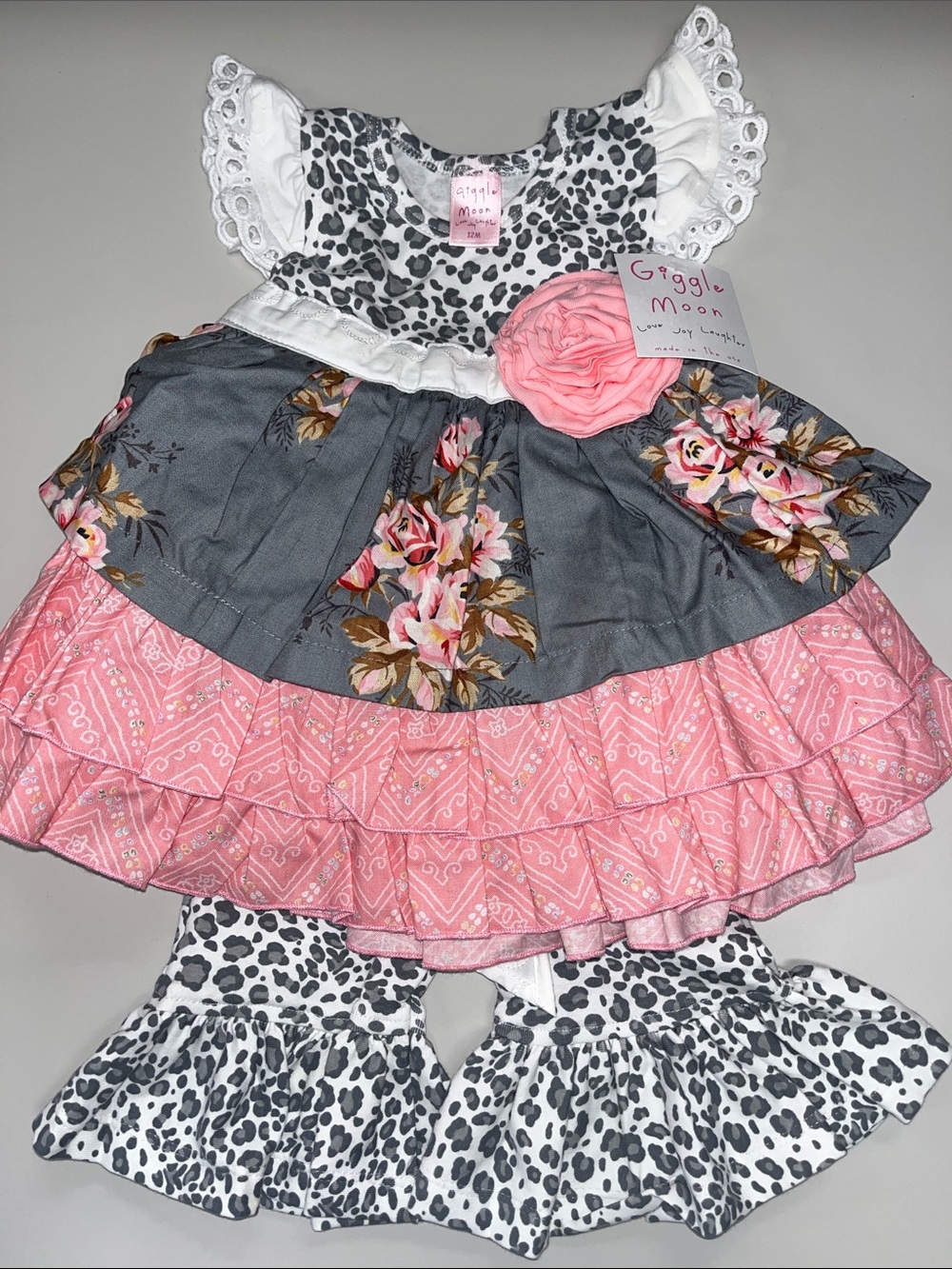 Giggle Moon Gray Pink Floral Leopard Dress & Pants with Pink Rosette (12M)